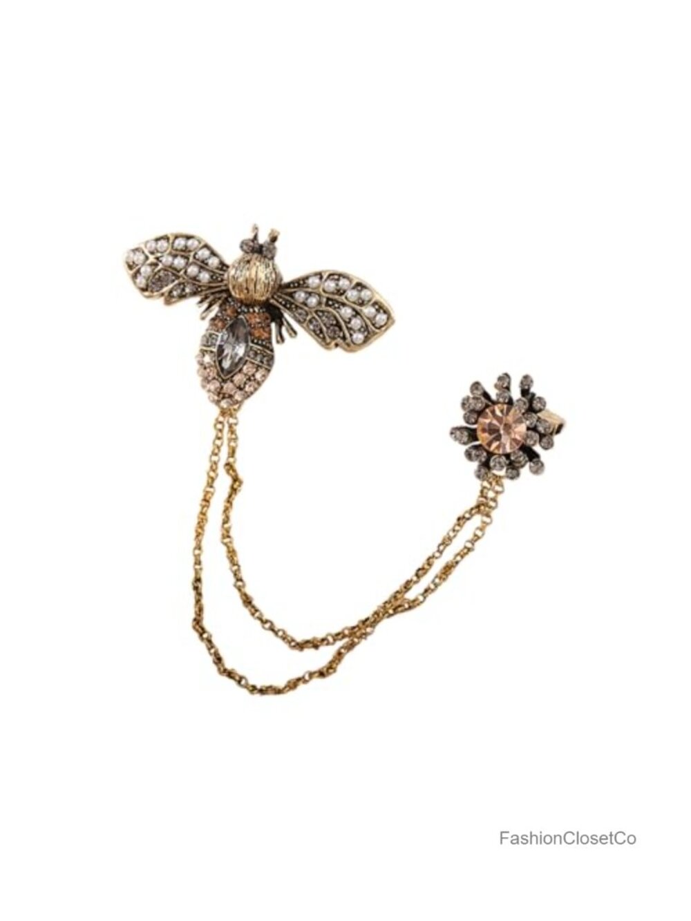 Rhinestone Crystal Honey Bee Tassel Collar Brooch Pin Silver Tone